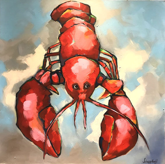 A painting of a lobster in mid-air