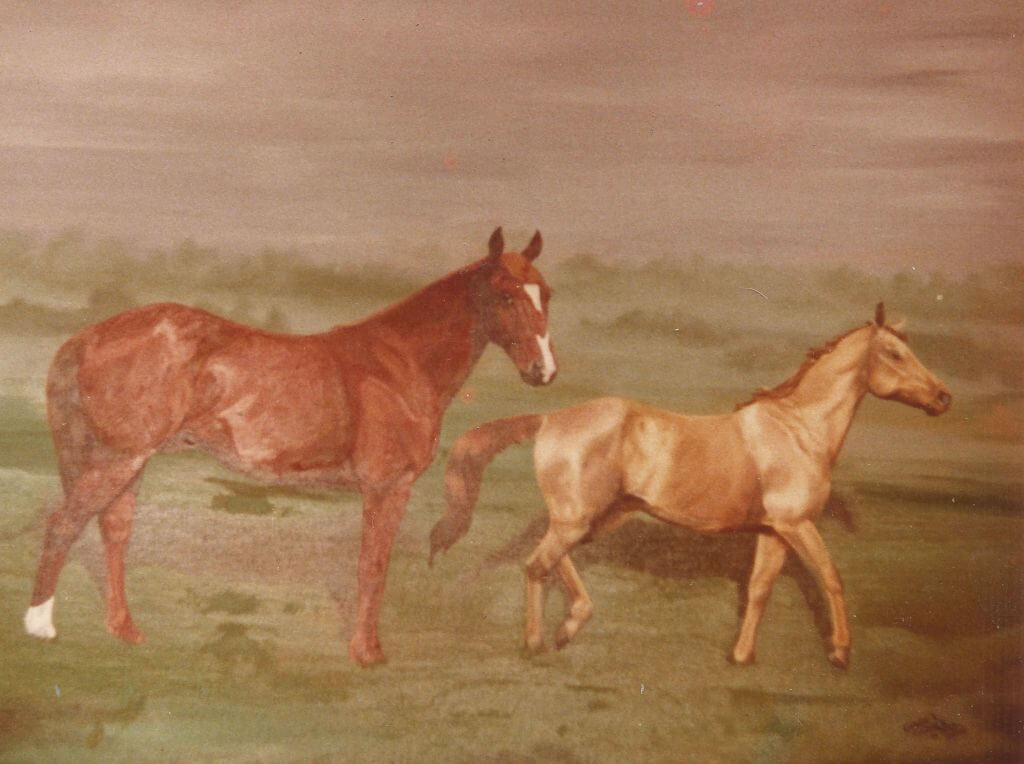 Painting of of two horses in a field