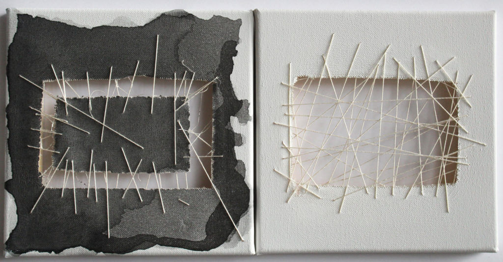 Two similar canvases (one light, one dark) with square holes in them and thread bridging the gaps