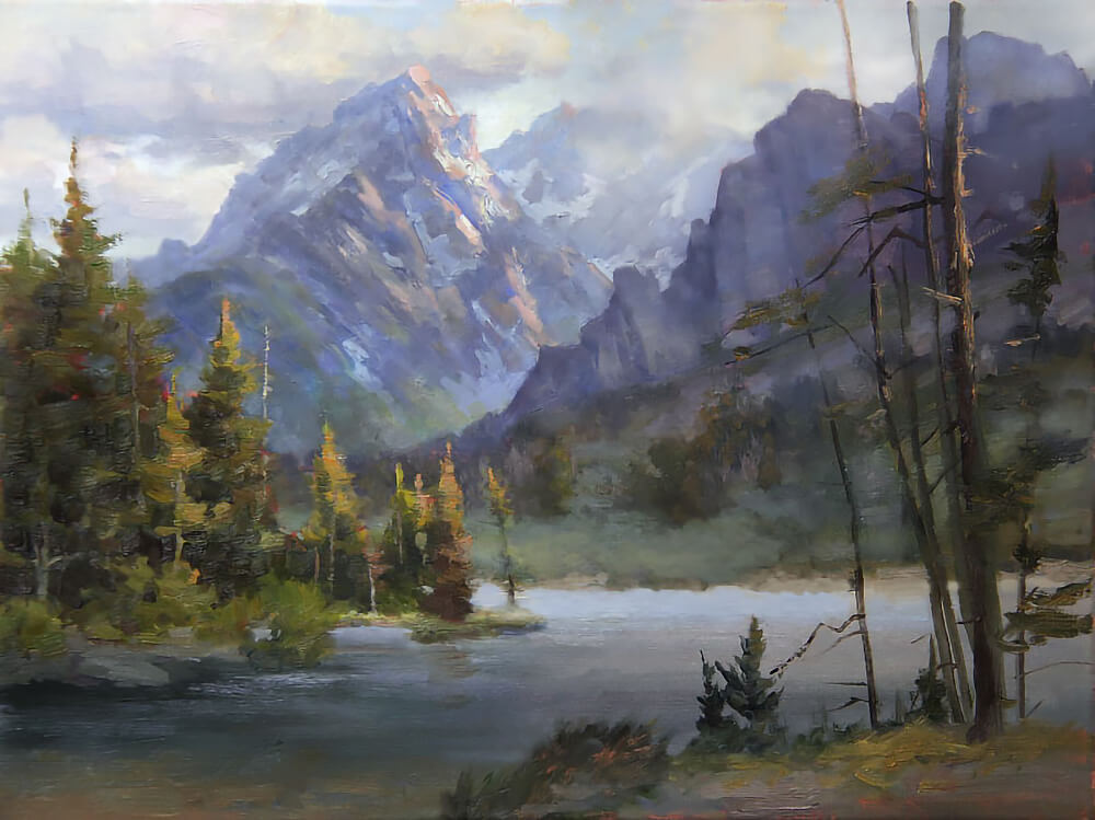 Painting of a forested lake with blue snow-capped mountains in the distance