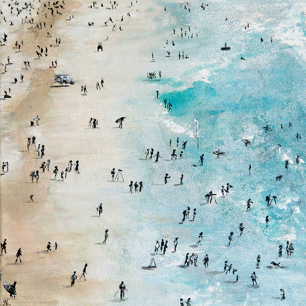 Painting of a busy beach from high above